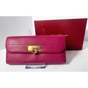 Ferragamo Gancini Leather Wallet Fuchsia Pink Gold w/box EUC coin residue